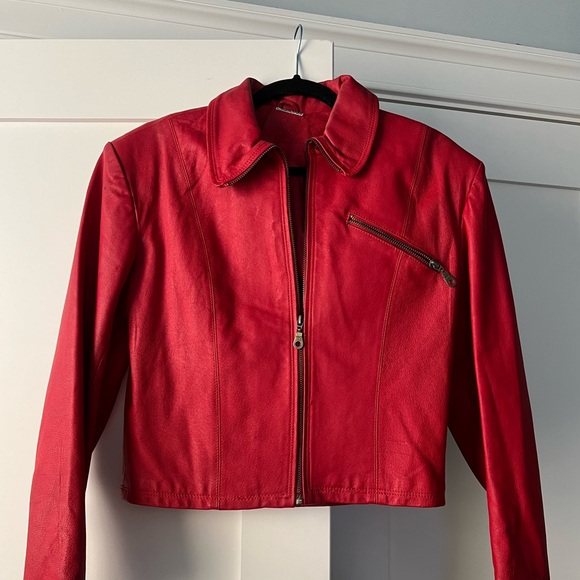 Vintage 80s Leather Jacket and Skirt Set in Cherry Red - Picture 2 of 12